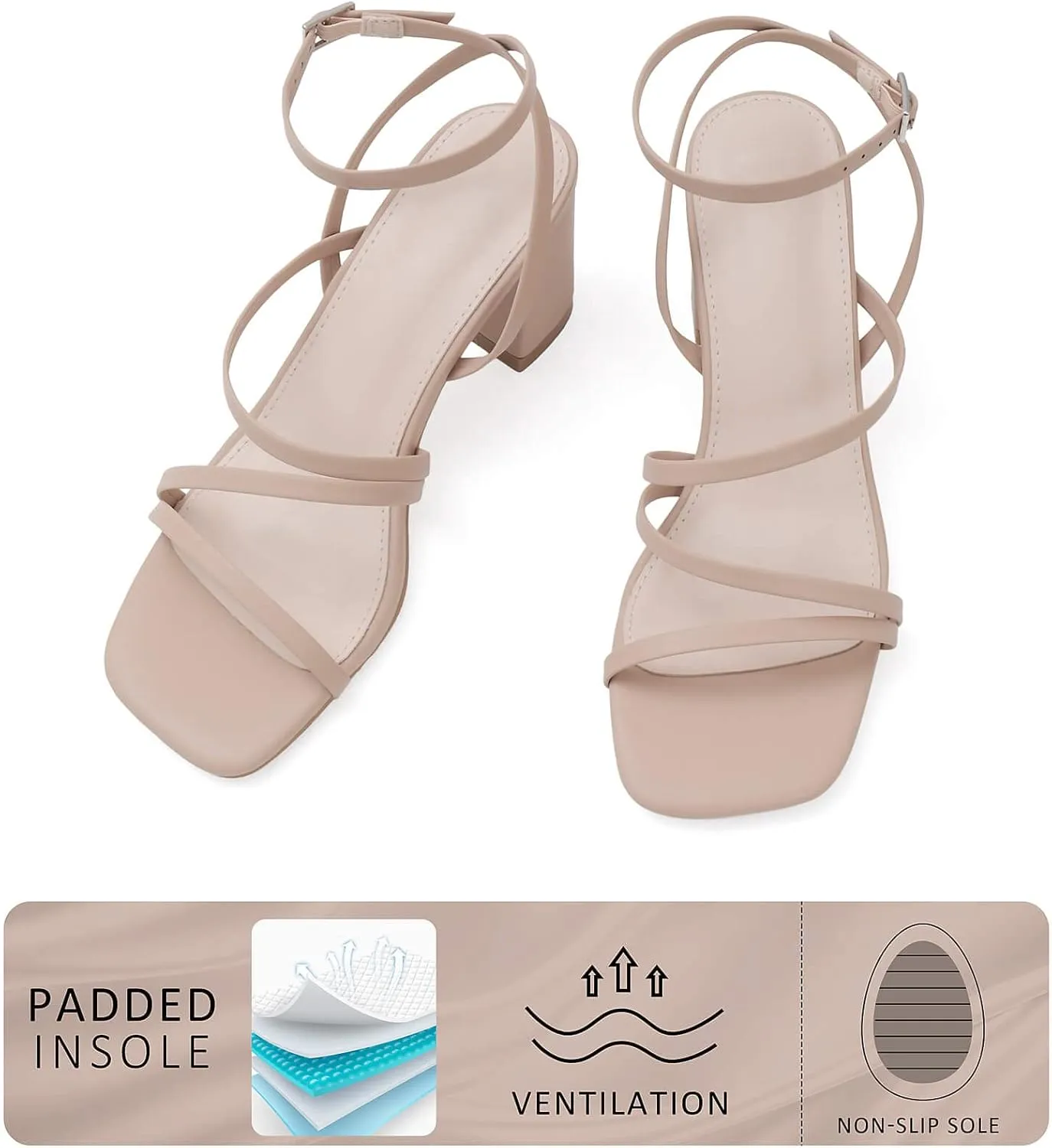 LACUONE Strappy Heels for women Block Heels Square Toe Chunky Ankle Buckle Pump Heeled Sandals