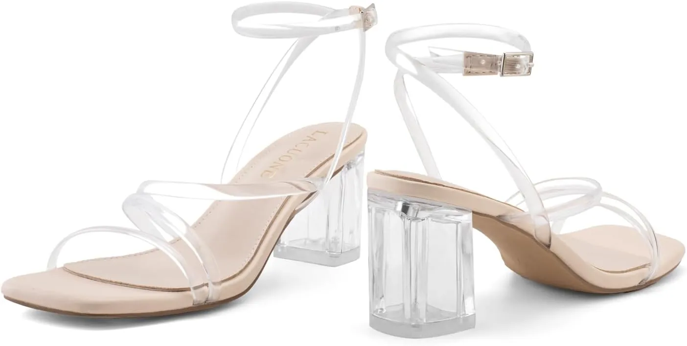 LACUONE Strappy Heels for women Block Heels Square Toe Chunky Ankle Buckle Pump Heeled Sandals