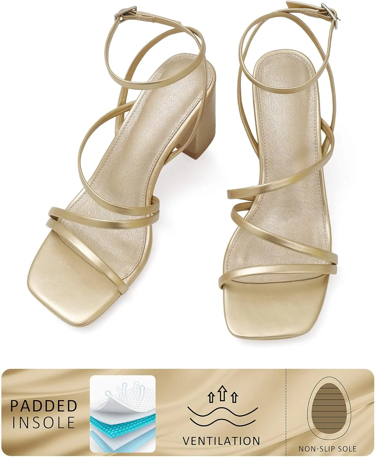 LACUONE Strappy Heels for women Block Heels Square Toe Chunky Ankle Buckle Pump Heeled Sandals