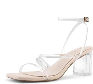 LACUONE Strappy Heels for women Block Heels Square Toe Chunky Ankle Buckle Pump Heeled Sandals