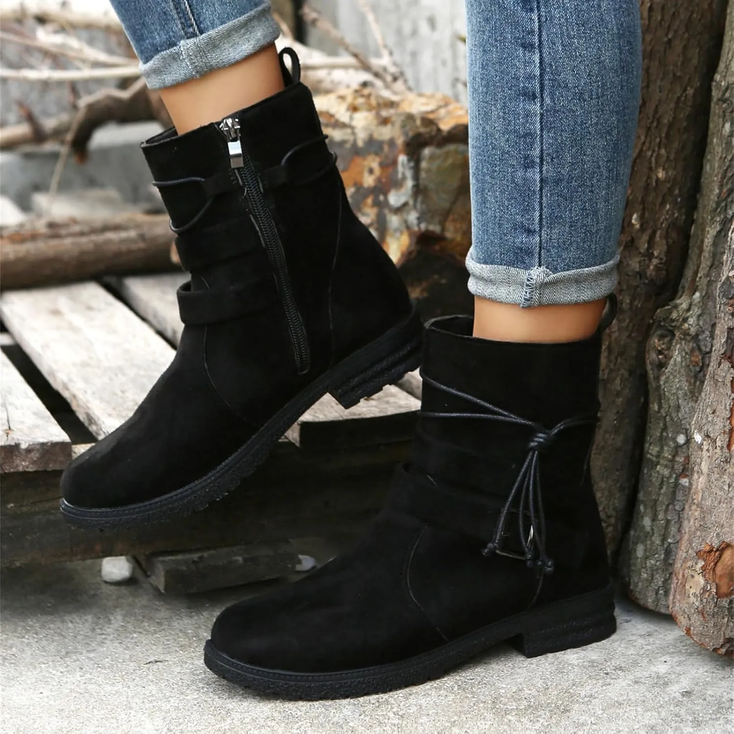 Ladmiple Boots For Women Ankle Booties Low Heel Combat Boots Side Zipper Mid Calf Motorcycle Riding Military Biker Boots