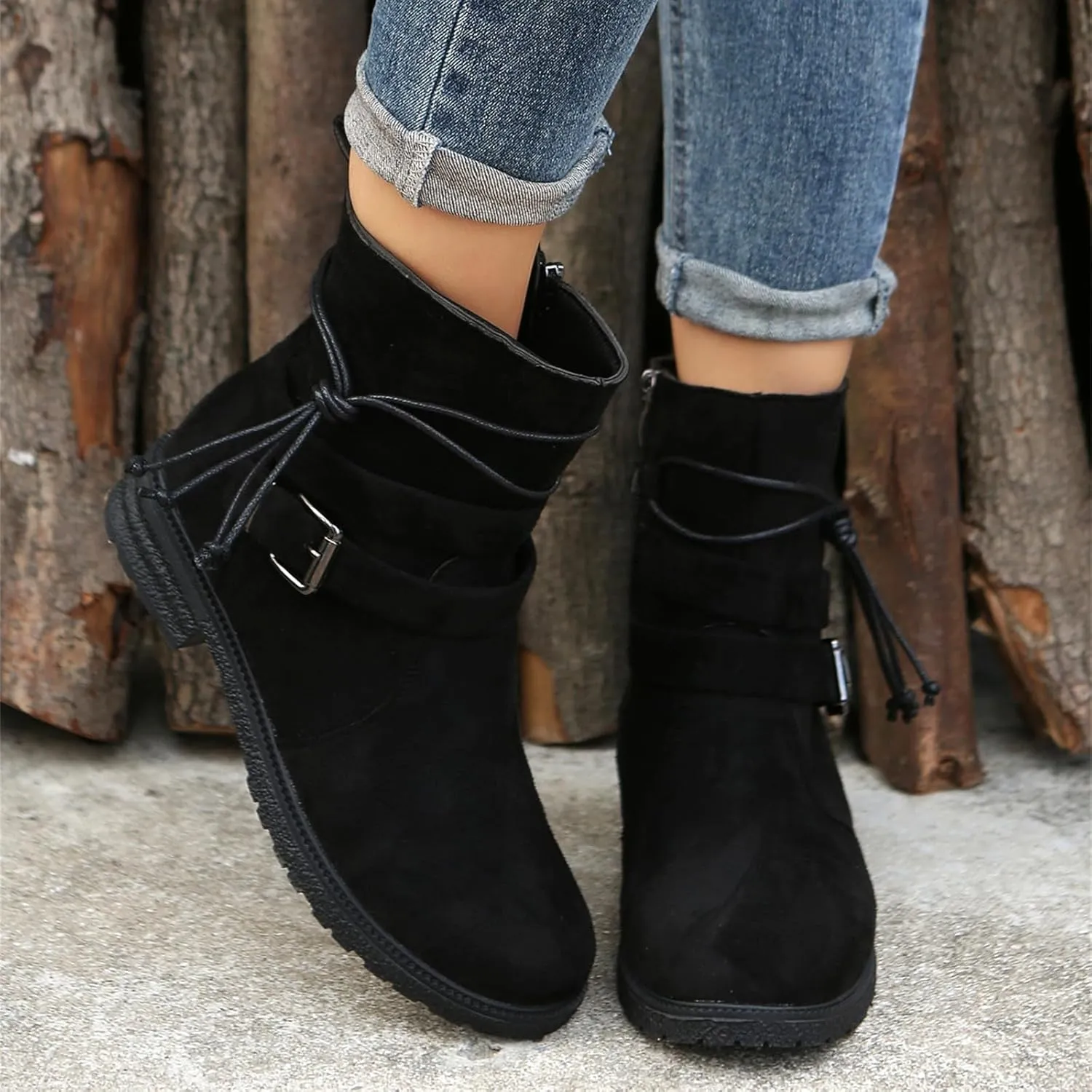 Ladmiple Boots For Women Ankle Booties Low Heel Combat Boots Side Zipper Mid Calf Motorcycle Riding Military Biker Boots