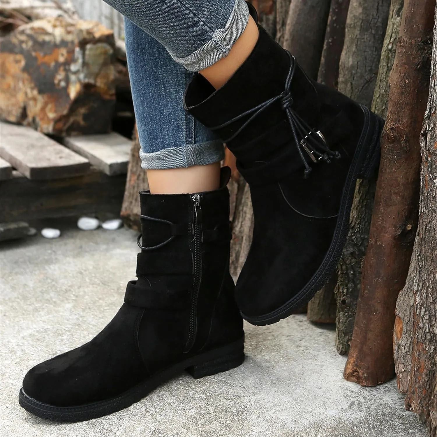 Ladmiple Boots For Women Ankle Booties Low Heel Combat Boots Side Zipper Mid Calf Motorcycle Riding Military Biker Boots