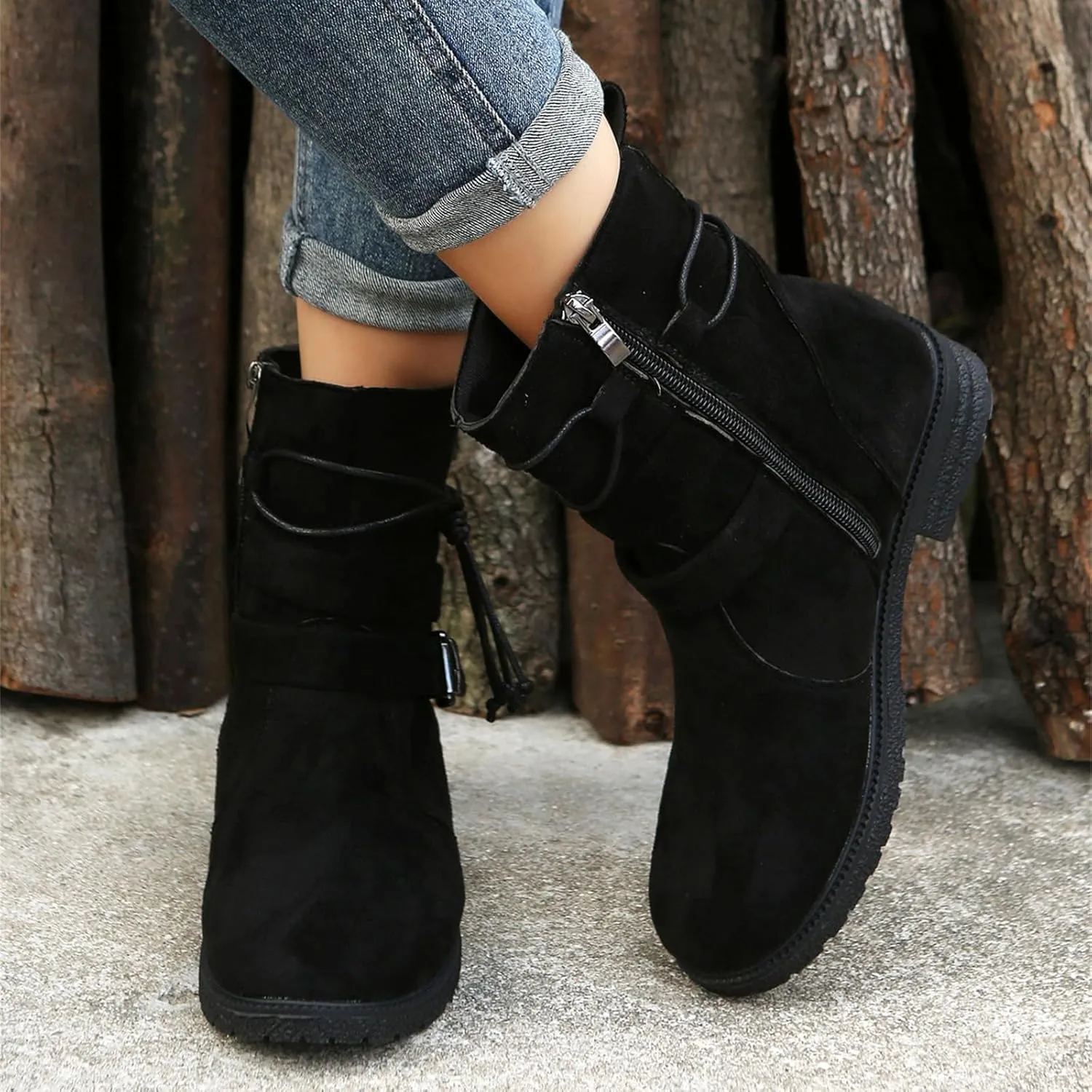 Ladmiple Boots For Women Ankle Booties Low Heel Combat Boots Side Zipper Mid Calf Motorcycle Riding Military Biker Boots