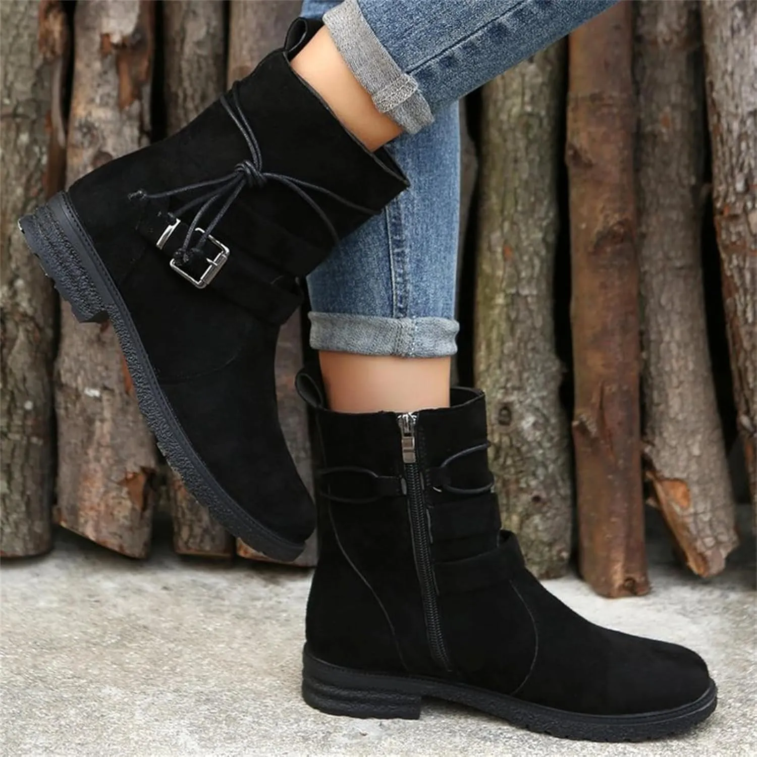 Ladmiple Boots For Women Ankle Booties Low Heel Combat Boots Side Zipper Mid Calf Motorcycle Riding Military Biker Boots