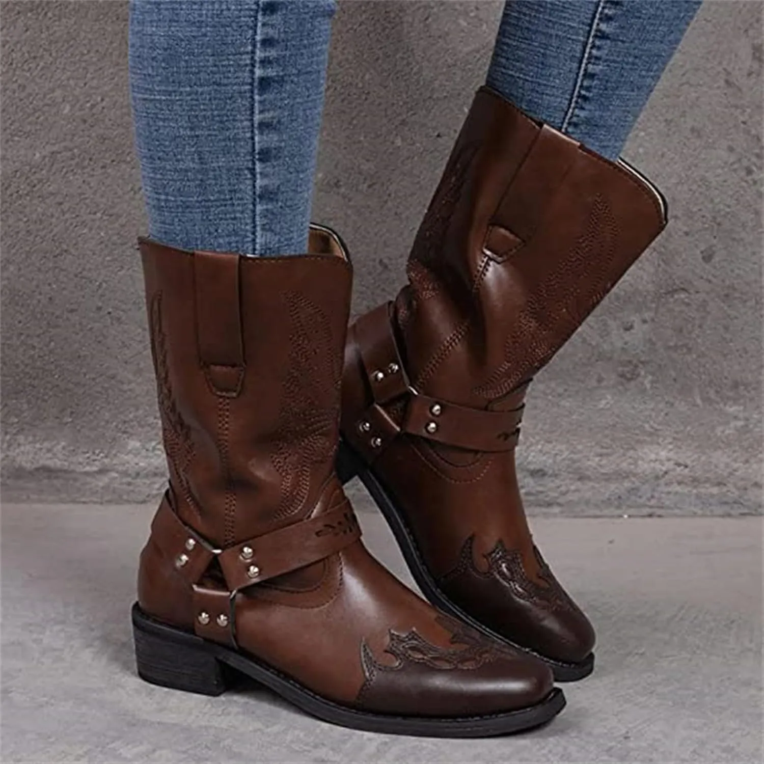 Ladmiple Cowboy Boots For Women Wide Calf Wide Foot Knee High Cowgirl Boots Embroidery Mid Heel Fashion Tall Boot Pull On