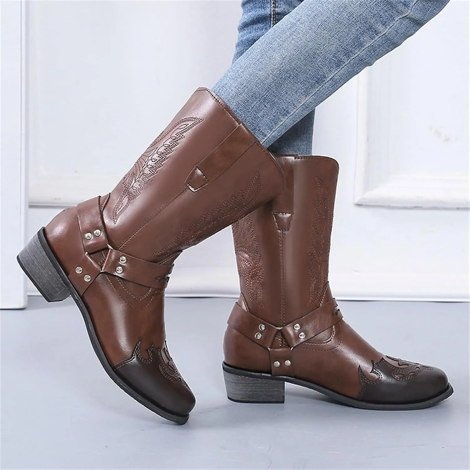 Ladmiple Cowboy Boots For Women Wide Calf Wide Foot Knee High Cowgirl Boots Embroidery Mid Heel Fashion Tall Boot Pull On
