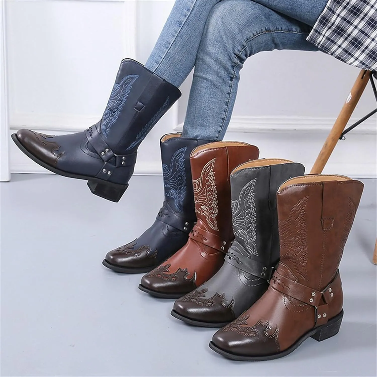 Ladmiple Cowboy Boots For Women Wide Calf Wide Foot Knee High Cowgirl Boots Embroidery Mid Heel Fashion Tall Boot Pull On