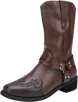 Ladmiple Cowboy Boots For Women Wide Calf Wide Foot Knee High Cowgirl Boots Embroidery Mid Heel Fashion Tall Boot Pull On