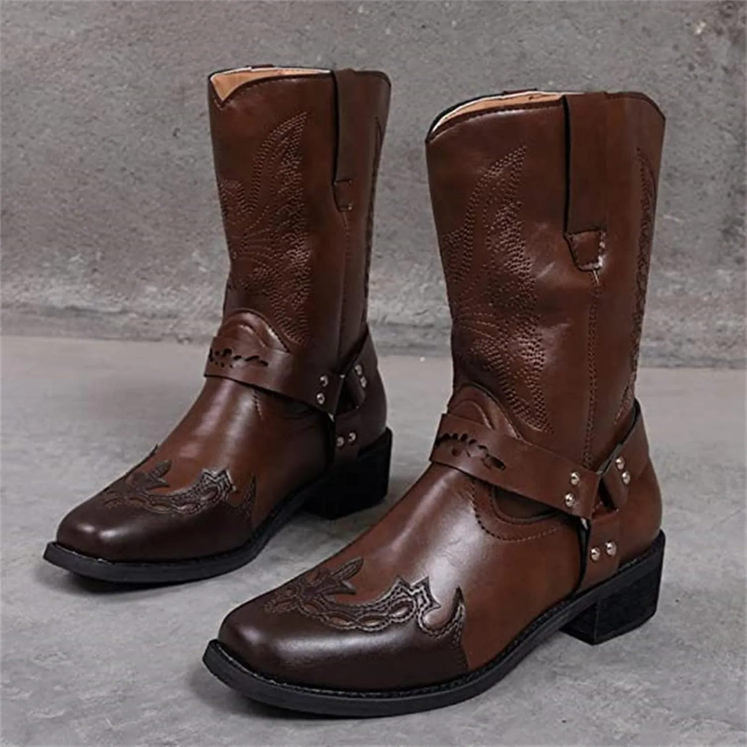 Ladmiple Cowboy Boots For Women Wide Calf Wide Foot Knee High Cowgirl Boots Embroidery Mid Heel Fashion Tall Boot Pull On