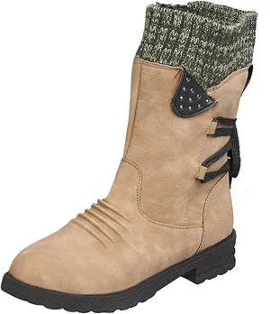 Lausiuoe Boots For Women Low Heel Mid Calf Winter Boots Side Zip Western Platform Hiking Booties Warm Non Slip Outdoor Shoes