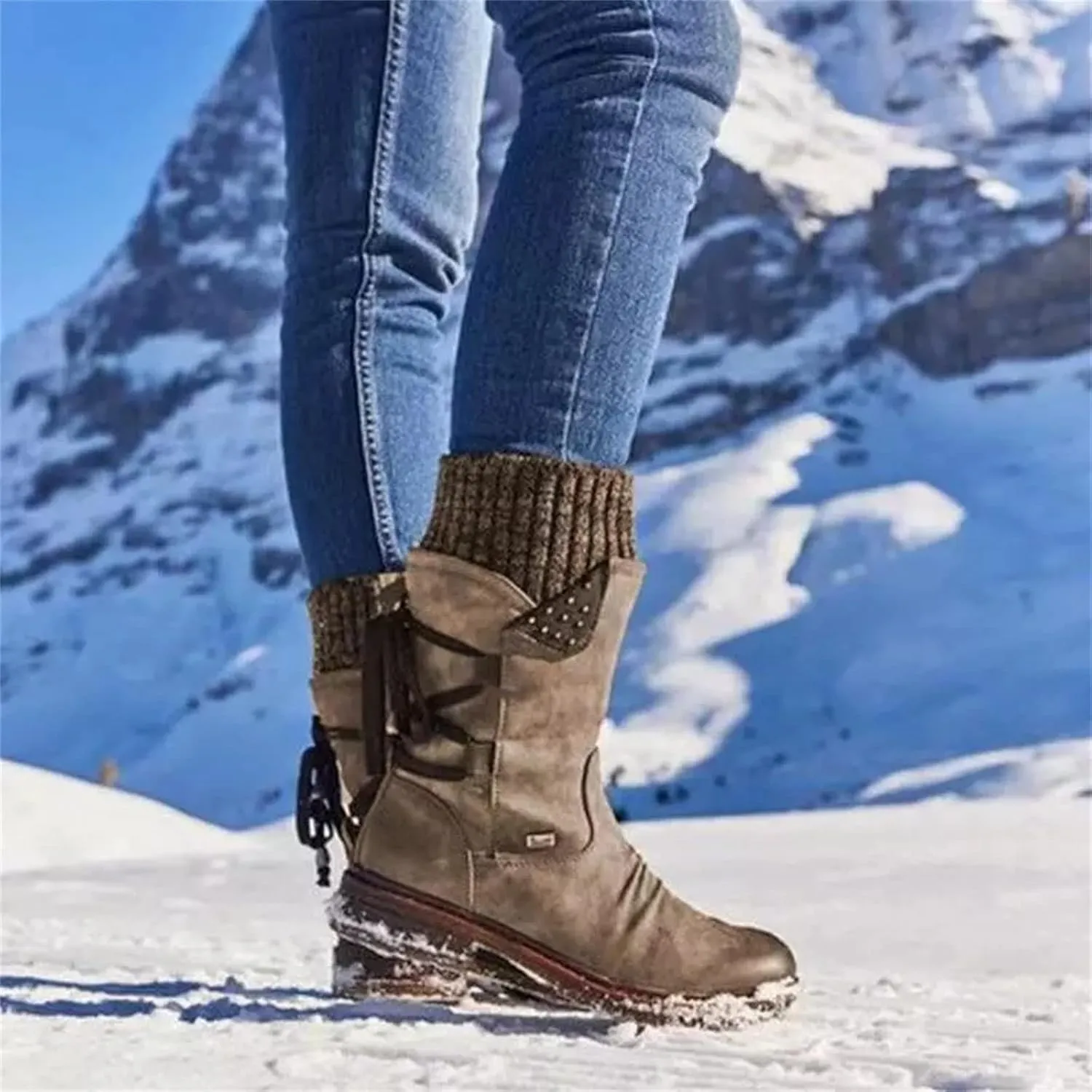Lausiuoe Boots For Women Low Heel Mid Calf Winter Boots Side Zip Western Platform Hiking Booties Warm Non Slip Outdoor Shoes