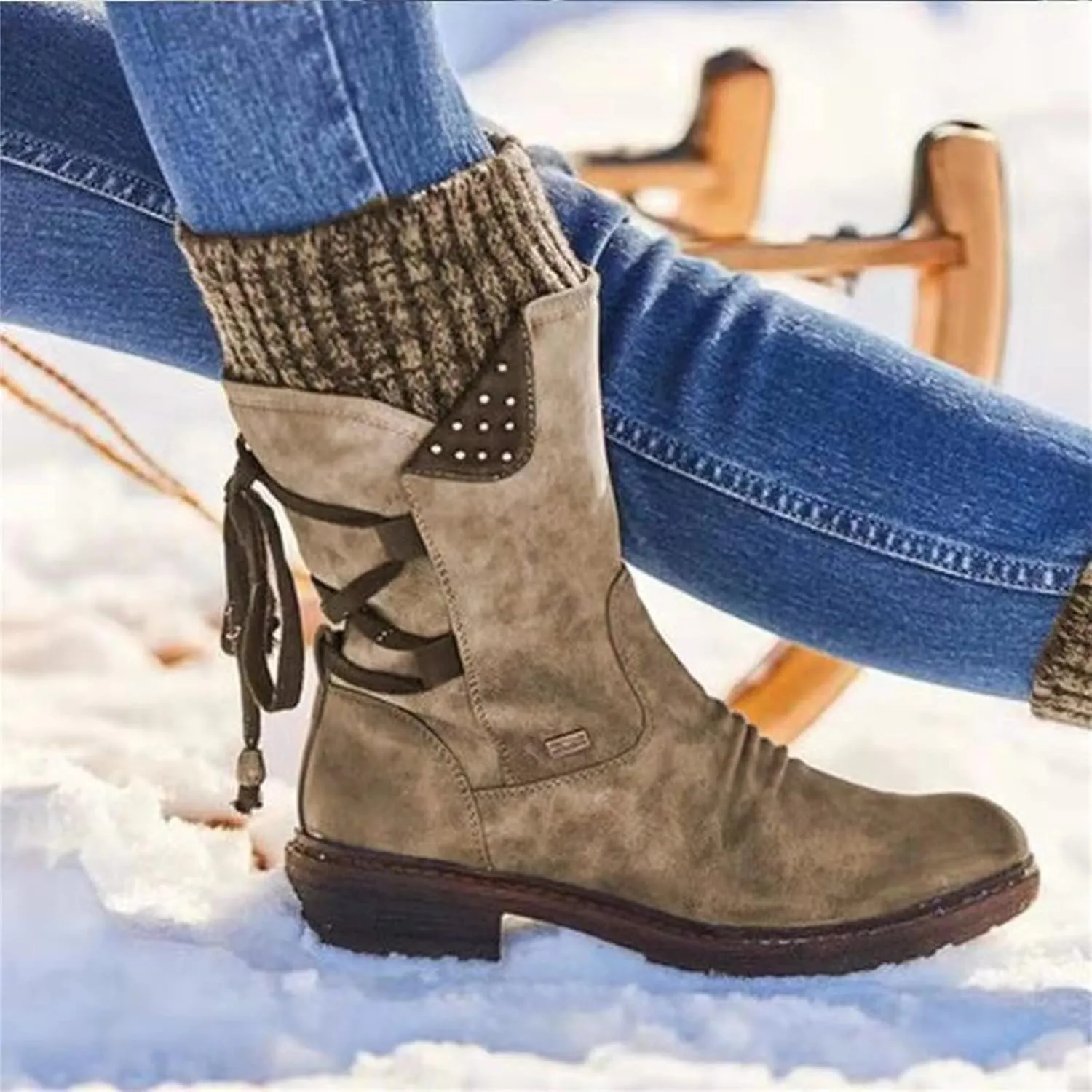 Lausiuoe Boots For Women Low Heel Mid Calf Winter Boots Side Zip Western Platform Hiking Booties Warm Non Slip Outdoor Shoes