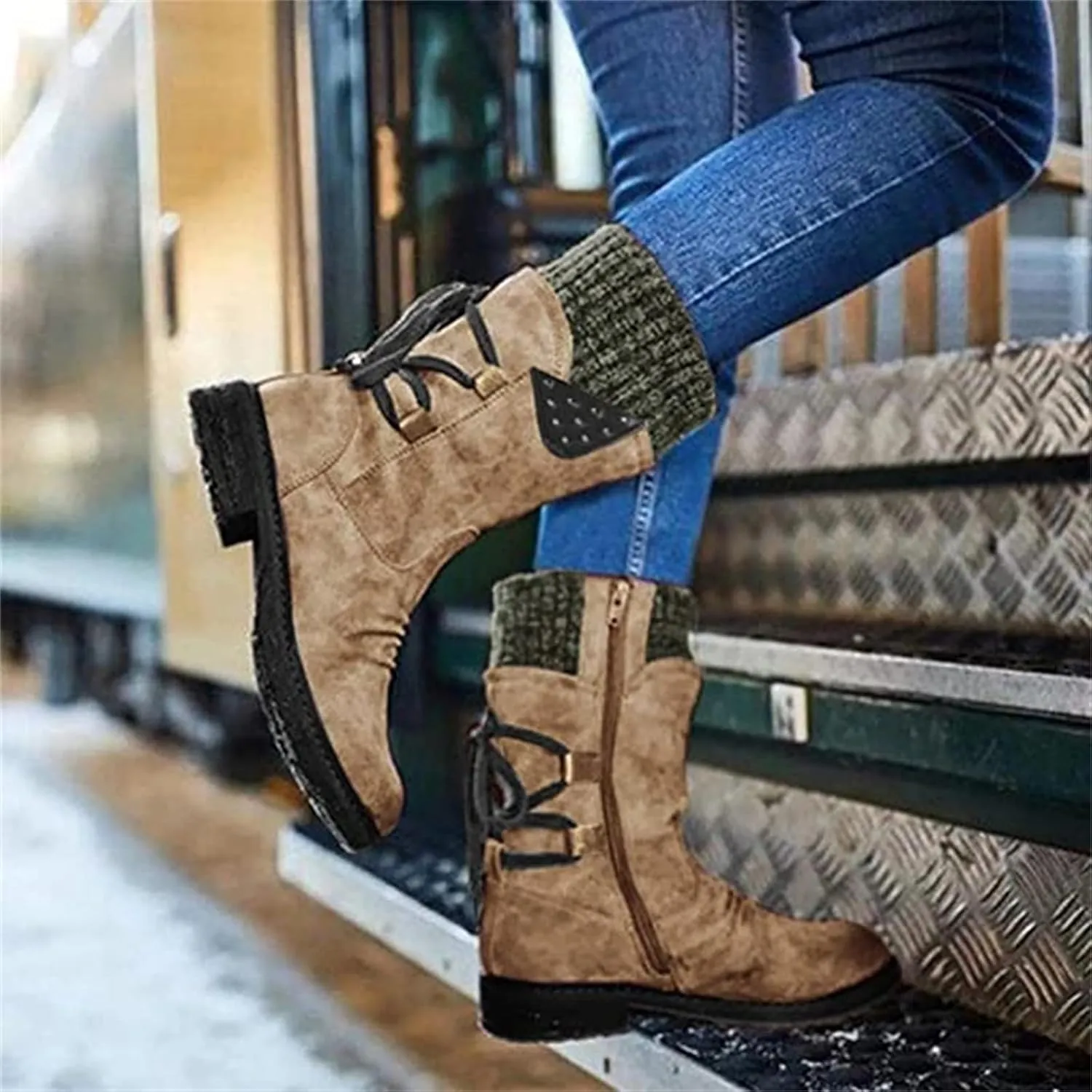 Lausiuoe Boots For Women Low Heel Mid Calf Winter Boots Side Zip Western Platform Hiking Booties Warm Non Slip Outdoor Shoes