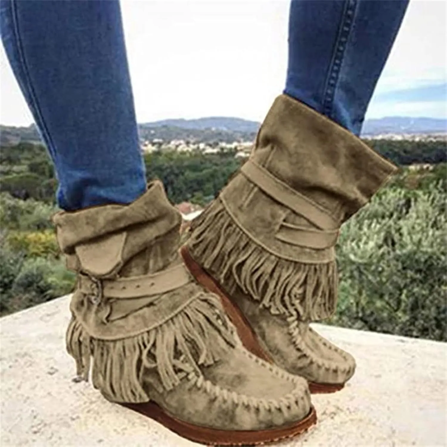 Lausiuoe Womens Boots Knee High Wide Calf Classic Fringe Western Cowboy Boots Cowgirl Style Chunky Fashion Boot Pull-On