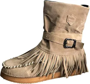 Lausiuoe Womens Boots Knee High Wide Calf Classic Fringe Western Cowboy Boots Cowgirl Style Chunky Fashion Boot Pull-On