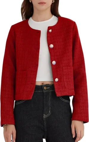 LifeShe Tweed Jacket Women Cropped Long Sleeve Work Blazers Fall Casual Open Front Office Coats