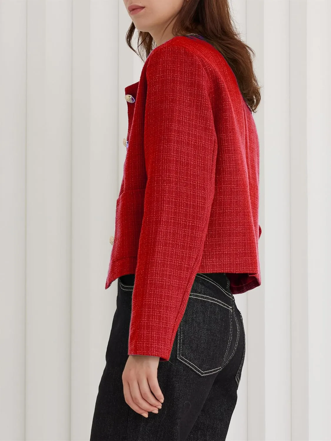 LifeShe Tweed Jacket Women Cropped Long Sleeve Work Blazers Fall Casual Open Front Office Coats