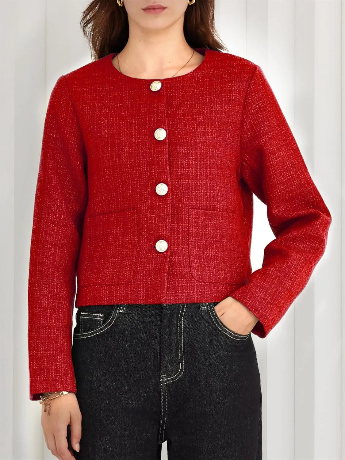 LifeShe Tweed Jacket Women Cropped Long Sleeve Work Blazers Fall Casual Open Front Office Coats