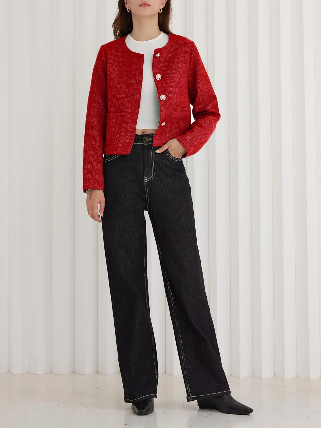 LifeShe Tweed Jacket Women Cropped Long Sleeve Work Blazers Fall Casual Open Front Office Coats