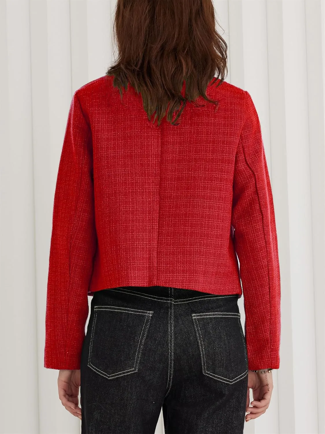 LifeShe Tweed Jacket Women Cropped Long Sleeve Work Blazers Fall Casual Open Front Office Coats