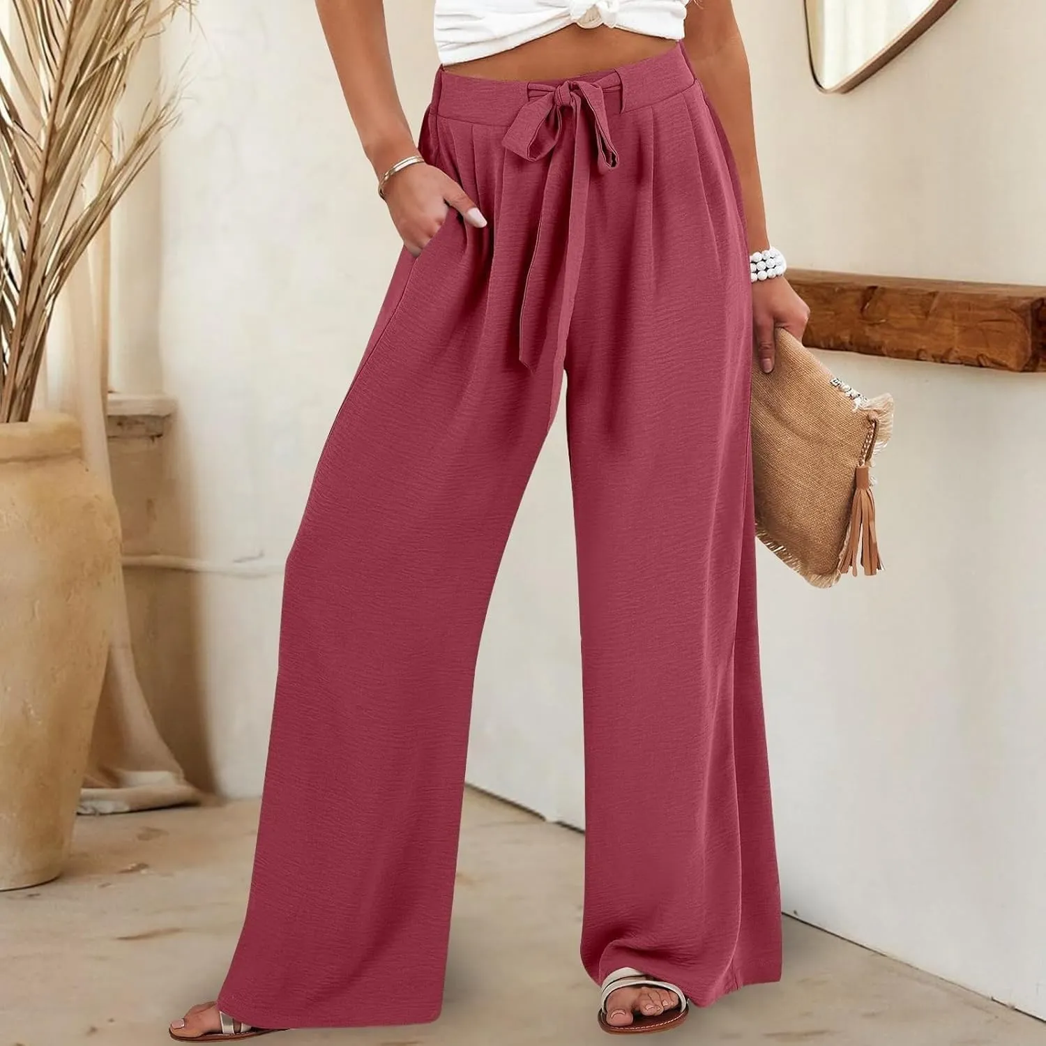 Linen Pants Women Summer Palazzo Pant Woman Wide Leg Drawstring Trousers Casual Flowy Boho Outfits for Beach Vacation