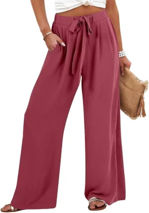 Linen Pants Women Summer Palazzo Pant Woman Wide Leg Drawstring Trousers Casual Flowy Boho Outfits for Beach Vacation