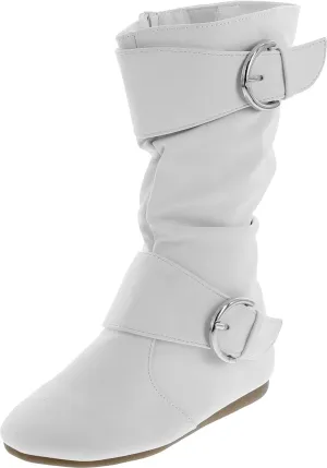 Link Klein-80K Girl's Kid's Cute Faux Leather Two Buckle Zipper Flat Heel Mid Calf Boot Shoes