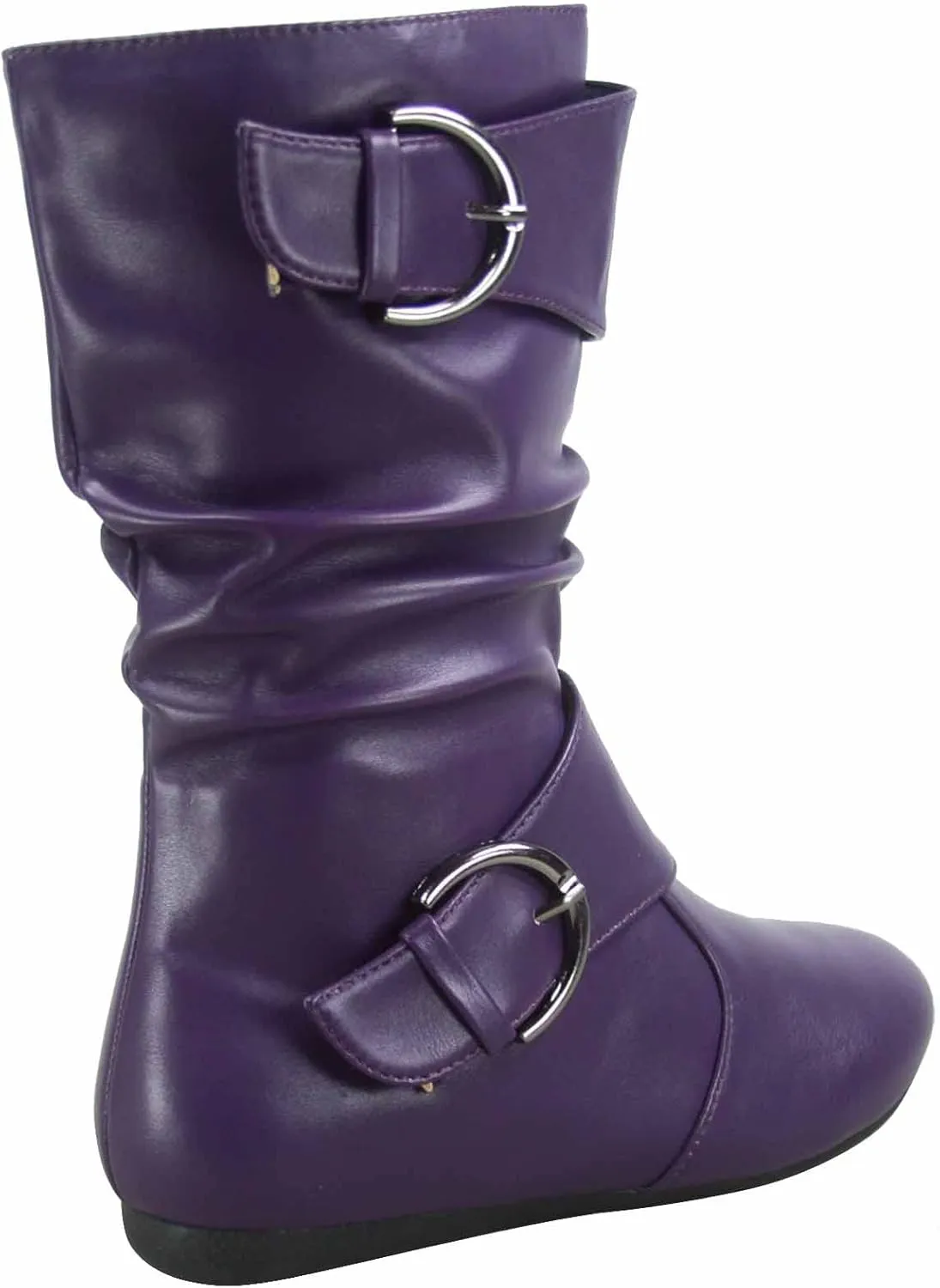 Link Klein-80K Girl's Kid's Cute Faux Leather Two Buckle Zipper Flat Heel Mid Calf Boot Shoes