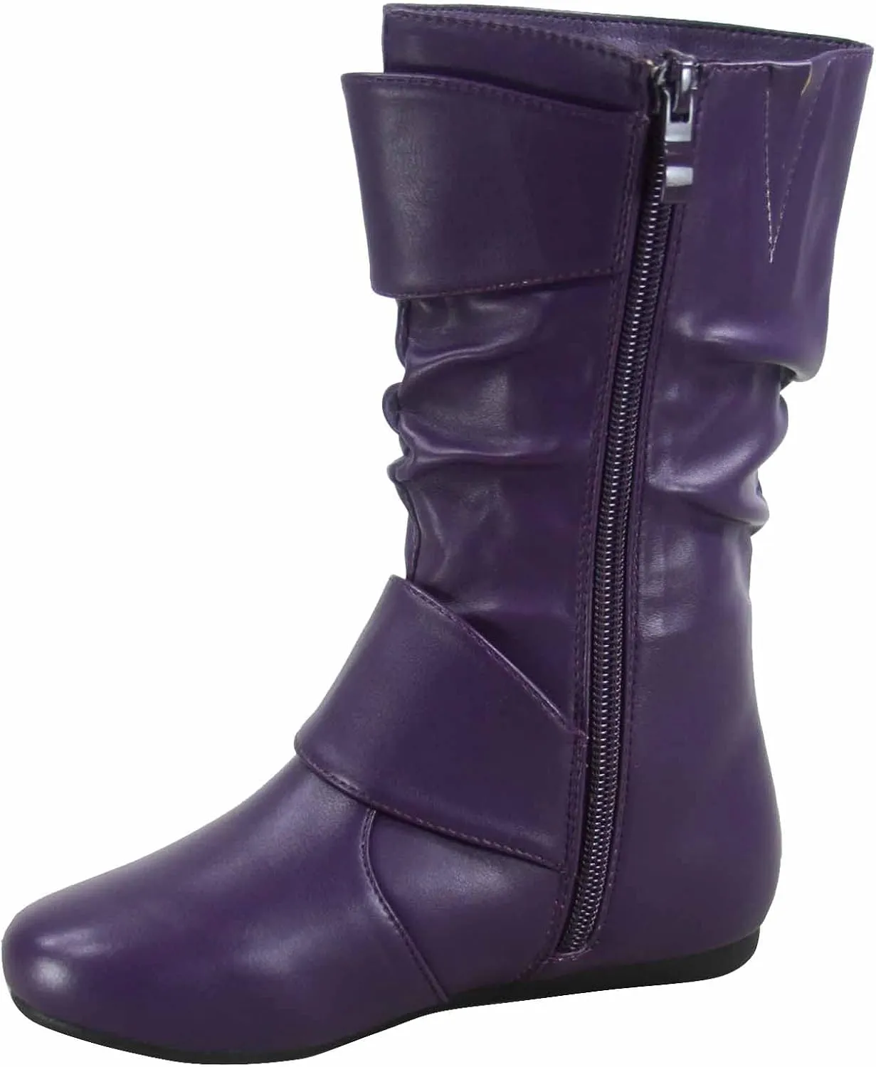 Link Klein-80K Girl's Kid's Cute Faux Leather Two Buckle Zipper Flat Heel Mid Calf Boot Shoes