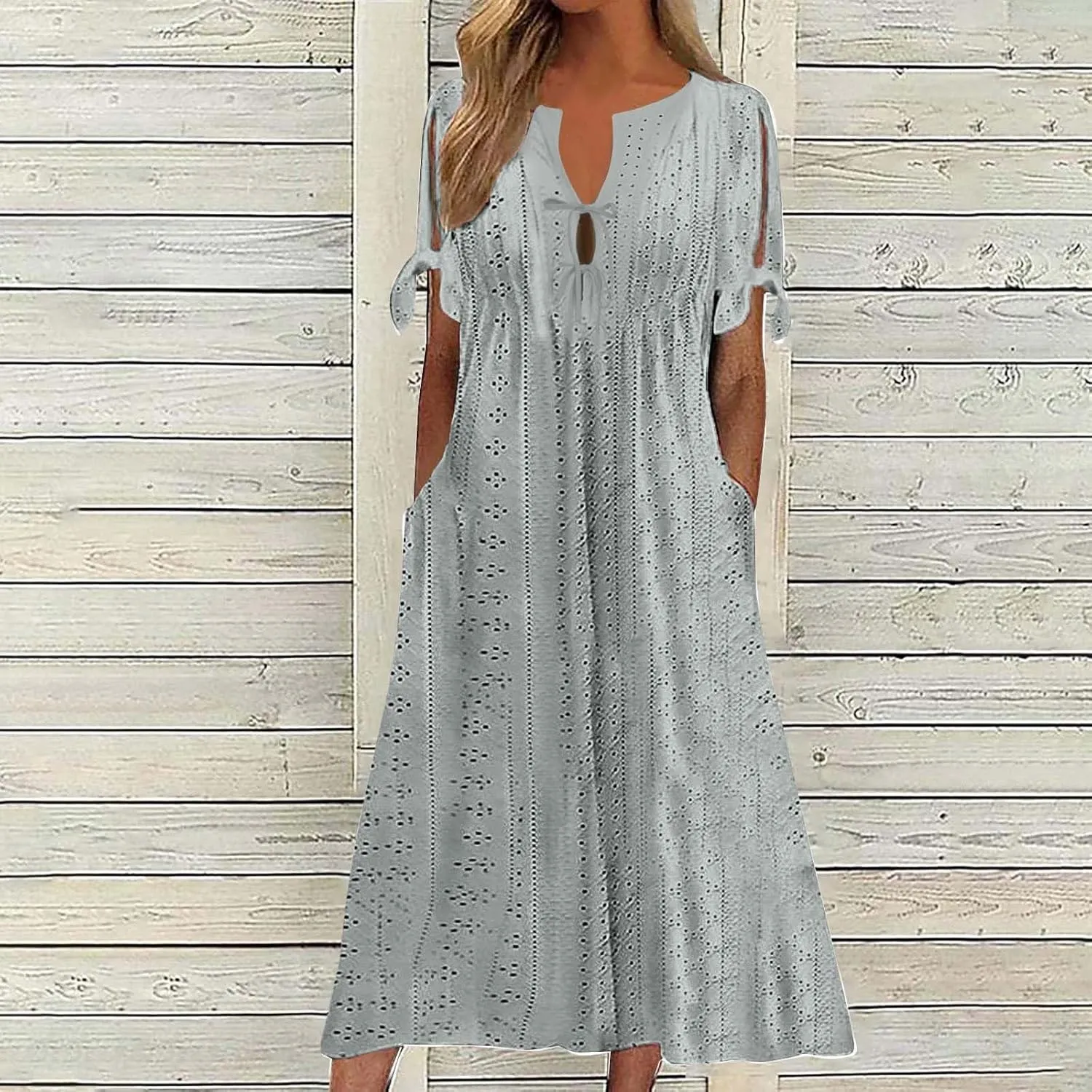 Long Dresses for Women Summer 2025 Trendy Short Sleeve Boho Eyelet Tshirt Dress Casual Summer Beach Vacation Sundress