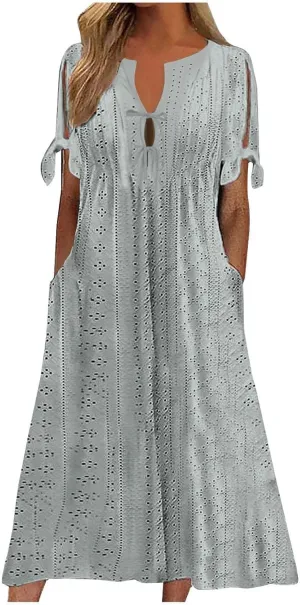 Long Dresses for Women Summer 2025 Trendy Short Sleeve Boho Eyelet Tshirt Dress Casual Summer Beach Vacation Sundress