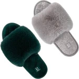 LongBay Women's Fuzzy Faux Fur Memory Foam Cozy Flat Spa Slide Slippers Comfy Open Toe Slip On House Shoes Sandals