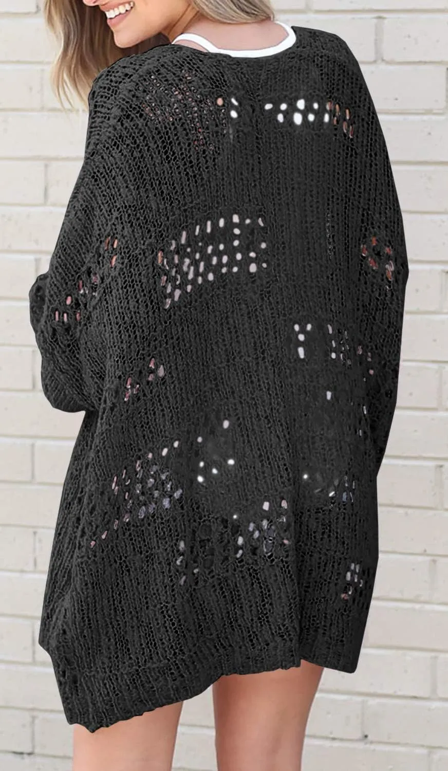 Mafulus Women's Crochet Cardigan Kimono Boho Long Sleeve Lightweight Soft Oversized Open Front Knitted Sweater
