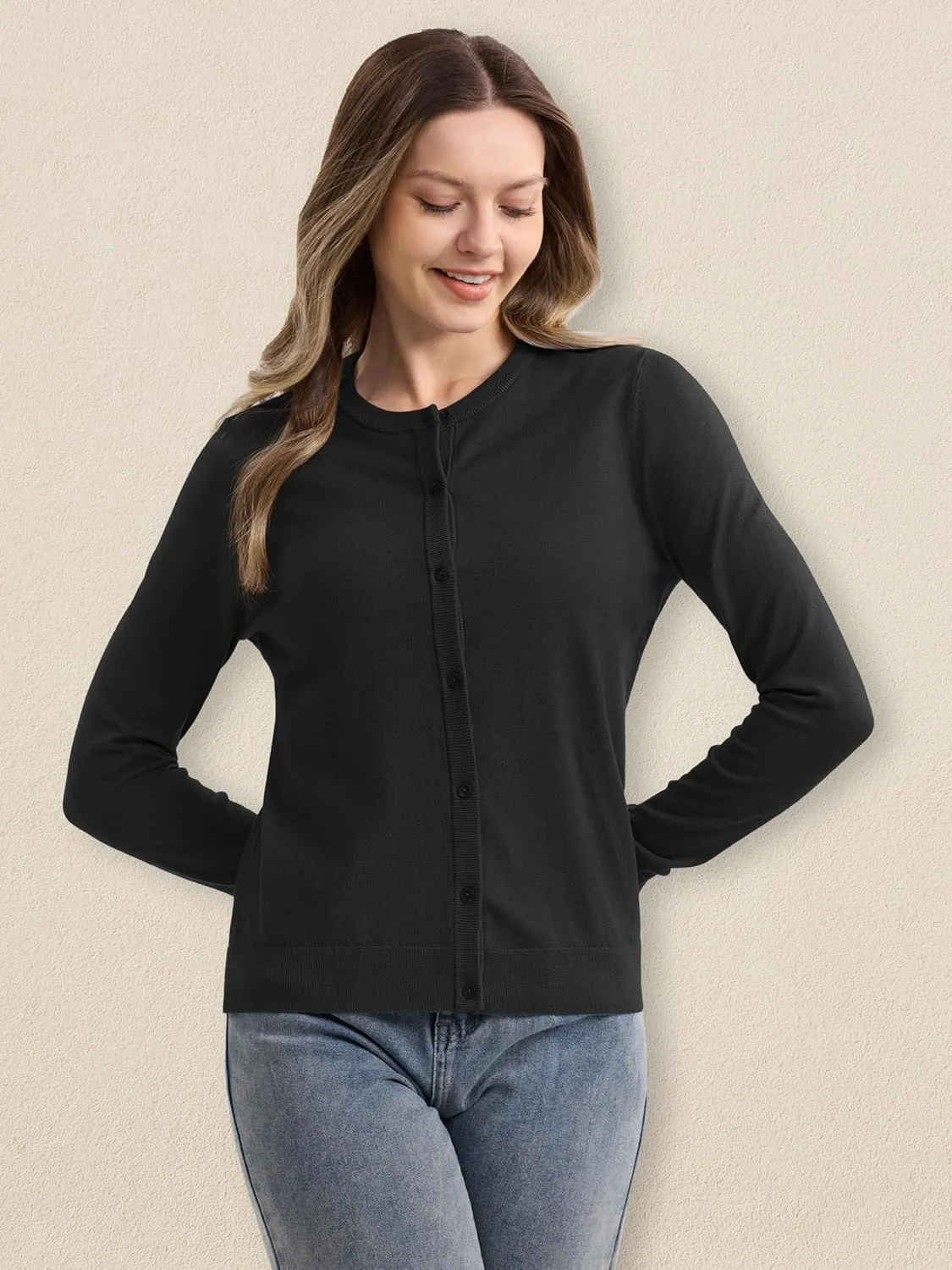 MAGCOMSEN Women's Cardigan Sweaters Lightweight Knit Soft Crew Neck Long Sleeve Open Front Button Spring Casual Cardigan