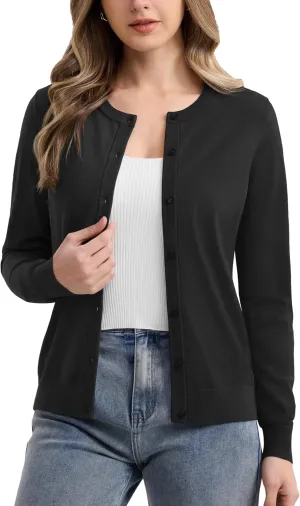 MAGCOMSEN Women's Cardigan Sweaters Lightweight Knit Soft Crew Neck Long Sleeve Open Front Button Spring Casual Cardigan