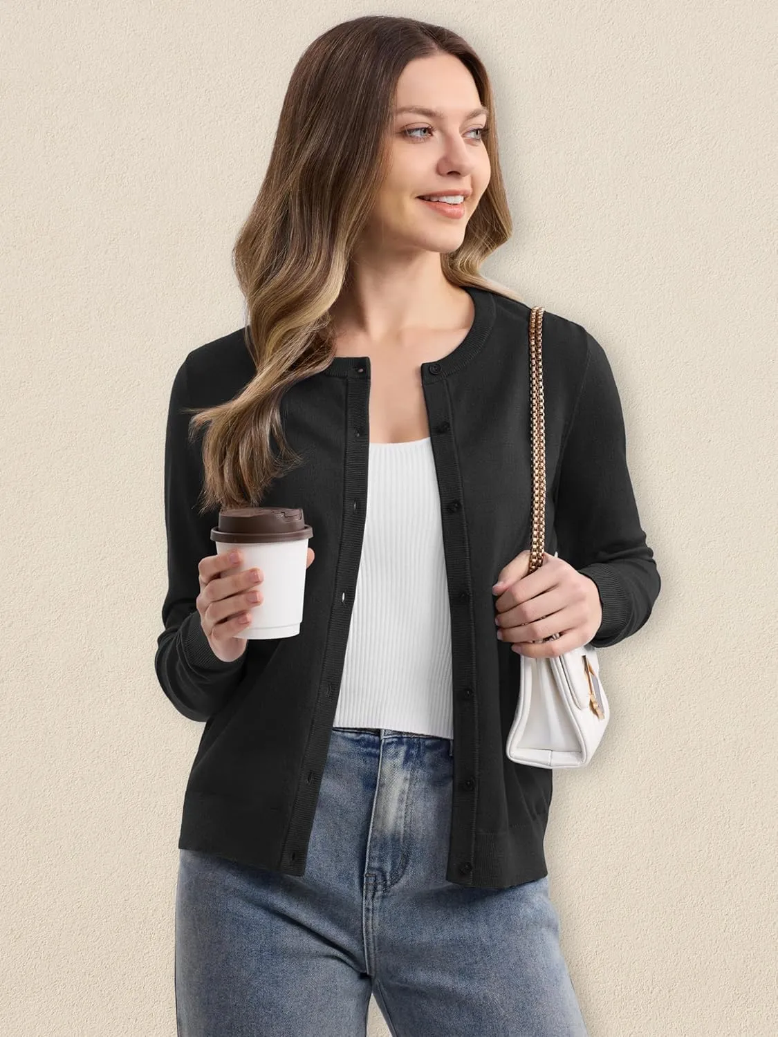 MAGCOMSEN Women's Cardigan Sweaters Lightweight Knit Soft Crew Neck Long Sleeve Open Front Button Spring Casual Cardigan