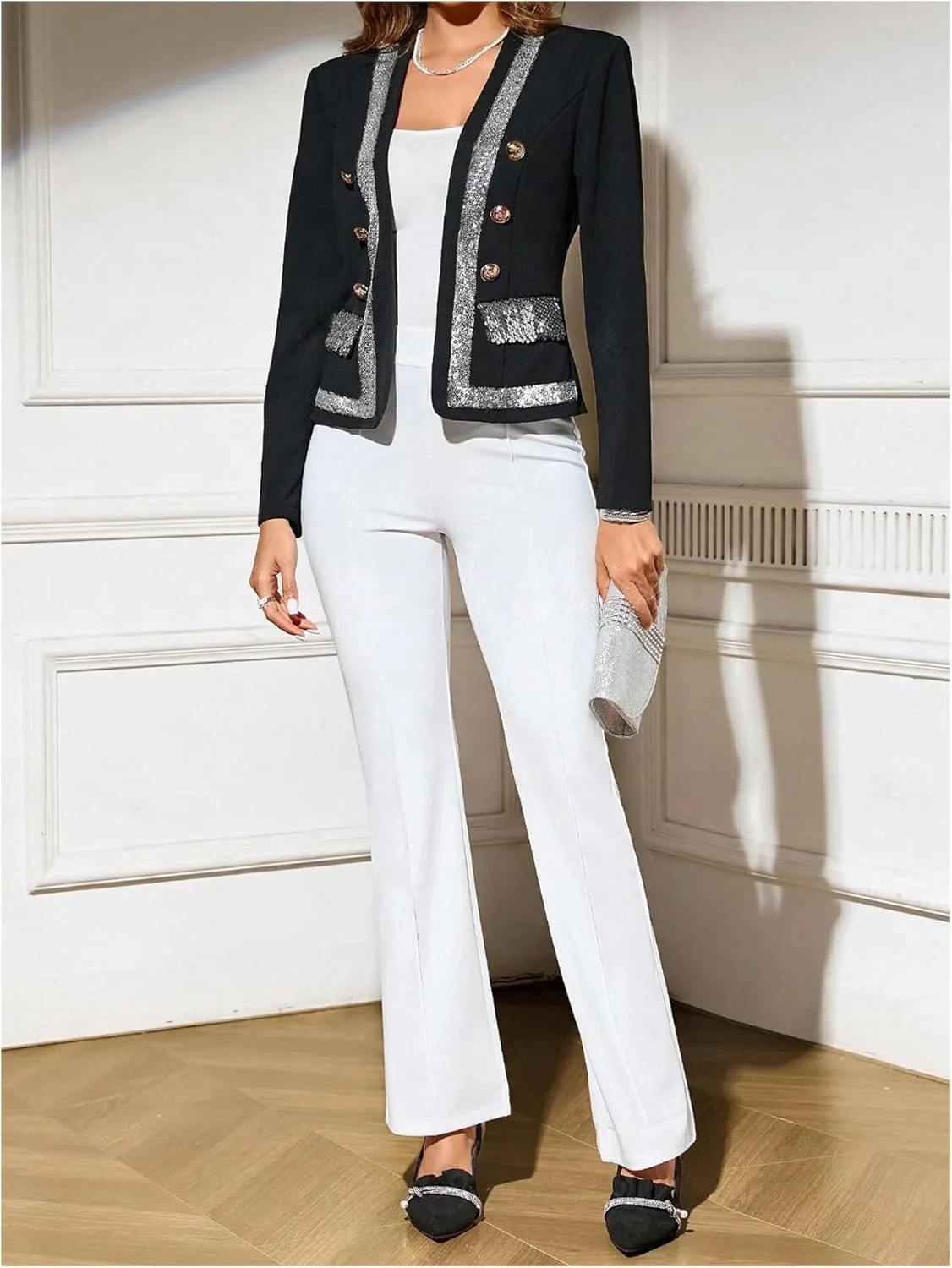 MakeMeChic Women's Open Front Button Decor Jacket Long Sleeve Work Office Blazer Coat