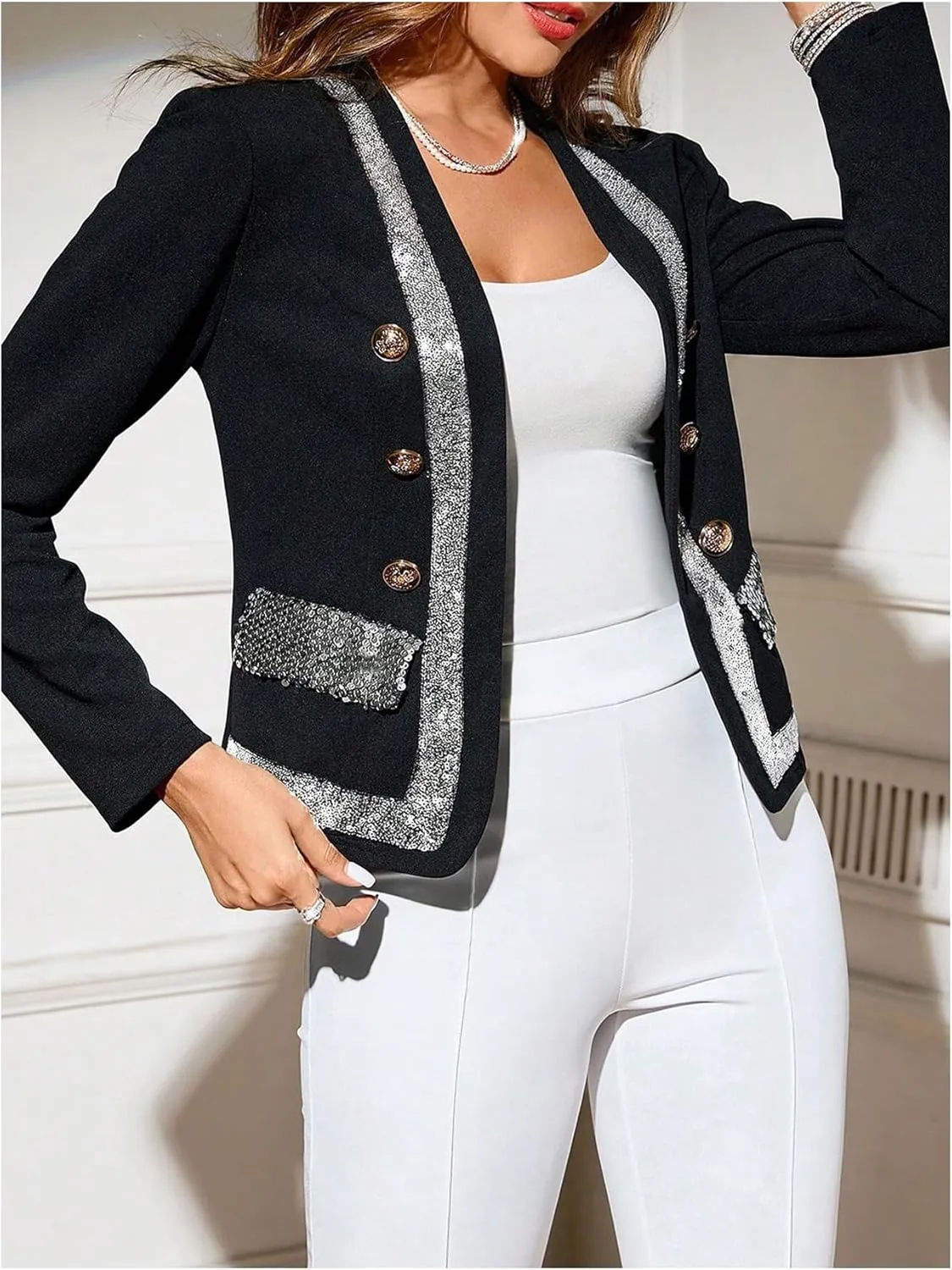 MakeMeChic Women's Open Front Button Decor Jacket Long Sleeve Work Office Blazer Coat