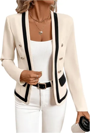 MakeMeChic Women's Open Front Button Decor Jacket Long Sleeve Work Office Blazer Coat