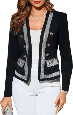 MakeMeChic Women's Open Front Button Decor Jacket Long Sleeve Work Office Blazer Coat