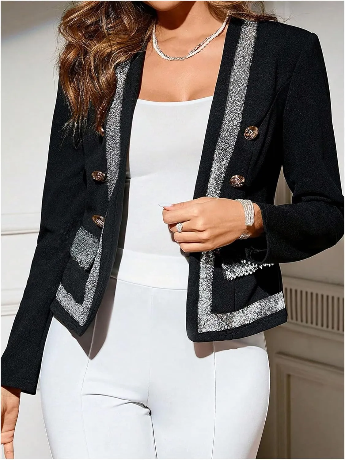 MakeMeChic Women's Open Front Button Decor Jacket Long Sleeve Work Office Blazer Coat
