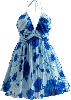 MakeMeChic Women's Plus Size Floral Tie Dye Halter Dress Open Back A Line Mini Dresses