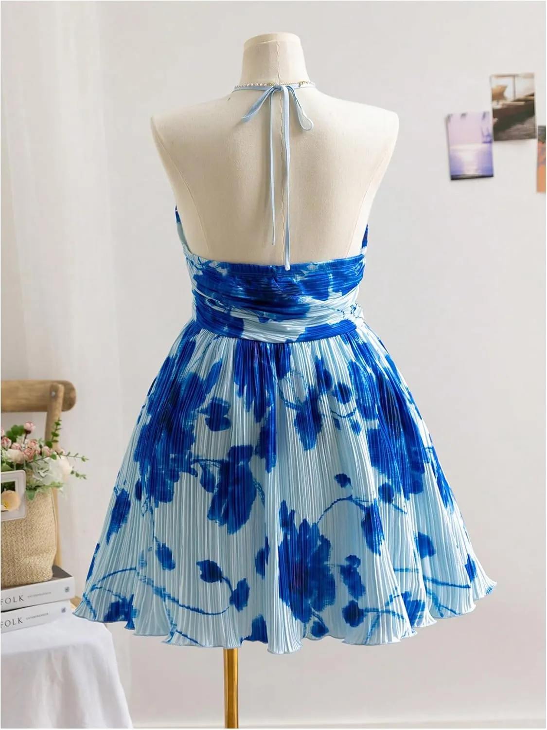 MakeMeChic Women's Plus Size Floral Tie Dye Halter Dress Open Back A Line Mini Dresses