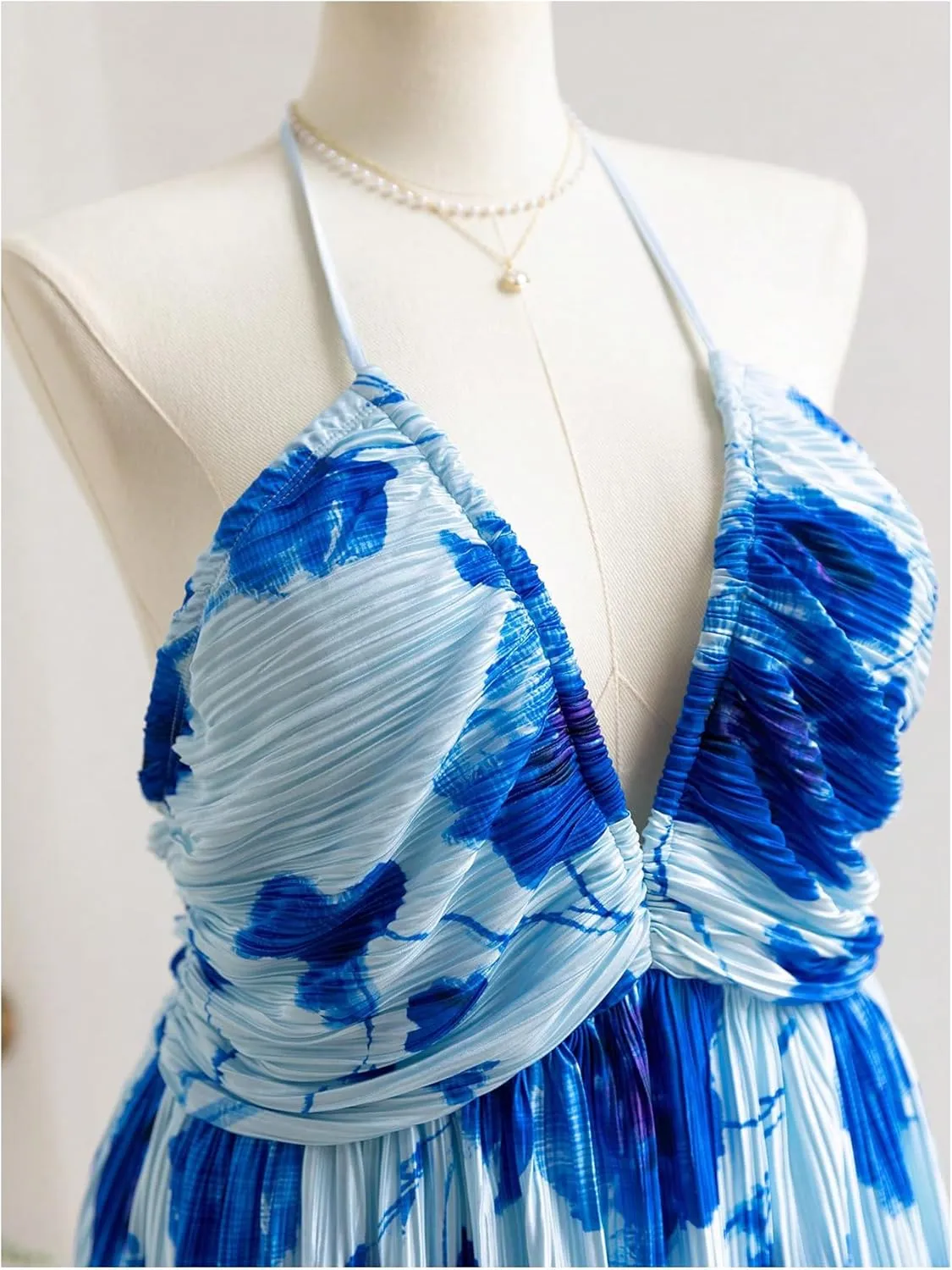 MakeMeChic Women's Plus Size Floral Tie Dye Halter Dress Open Back A Line Mini Dresses