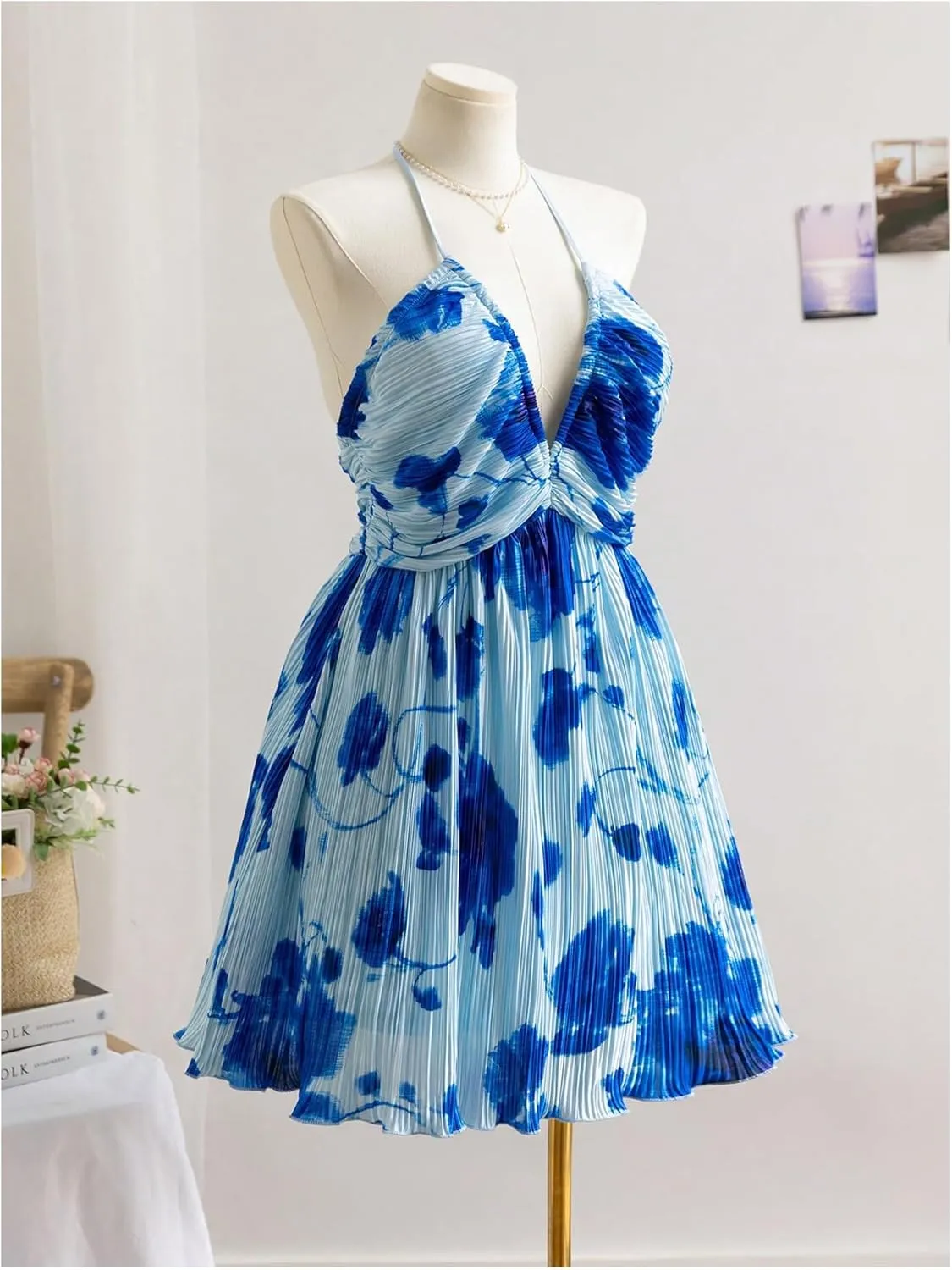 MakeMeChic Women's Plus Size Floral Tie Dye Halter Dress Open Back A Line Mini Dresses