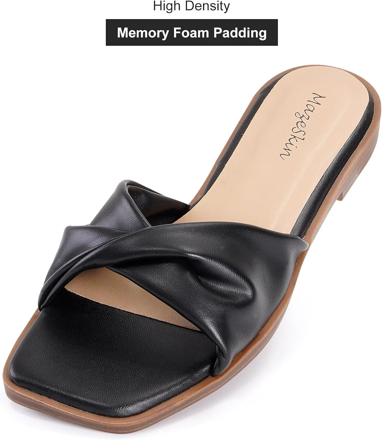 mazeskin Women's Dressy Slide Sandals Square Toe Comfortable Memory Foam Leather Summer Flat Sandals