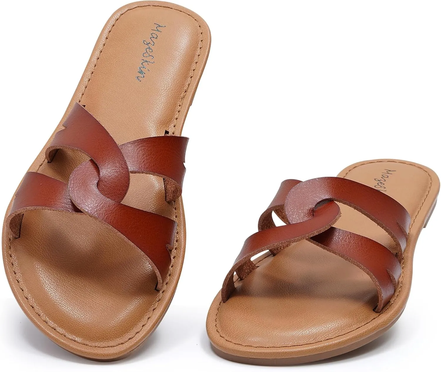 mazeskin Women's Memory Foam Two Braid Band Comfortable Summer Flat Slide Sandals