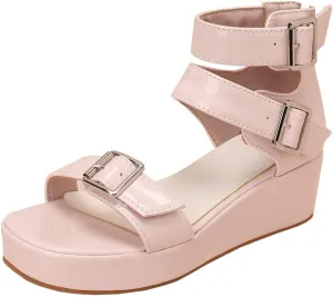 Meefit Women Patent Platform Wedge Sandals Open Toe Ankle Strap High Heel Sandals