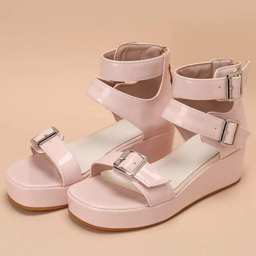 Meefit Women Patent Platform Wedge Sandals Open Toe Ankle Strap High Heel Sandals